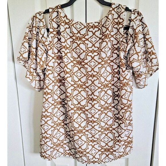 Chico's 2 Blouse Top Cold Shoulder Button Front‎ Brown/Off White SS - Picture 1 of 6